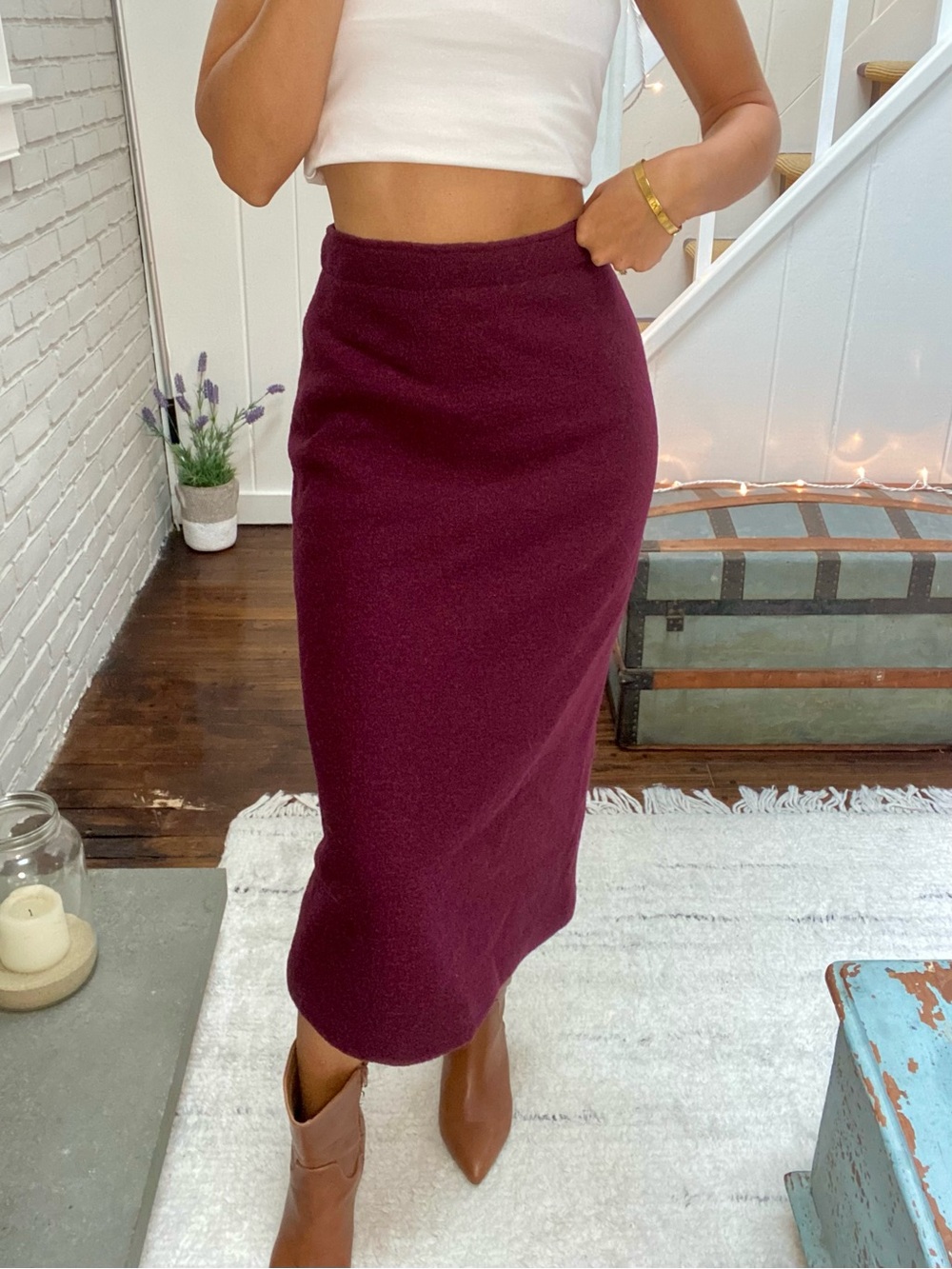 ZARA Classic High-Waist Wool Knit Midi Skirt in Burgundy! 🥀